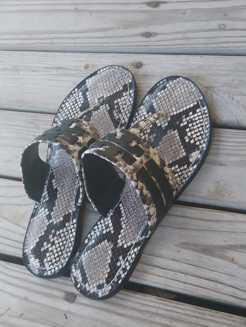 Tory Burch Snake-Print Logo Slide Sandals in Black and Cream